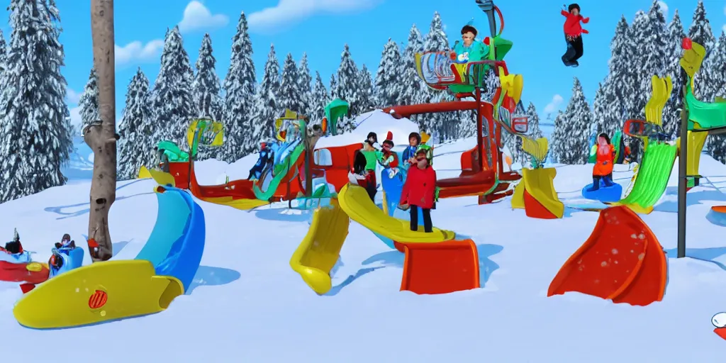 Image similar to snow fun park, sledge, cartoon style, 4 k,