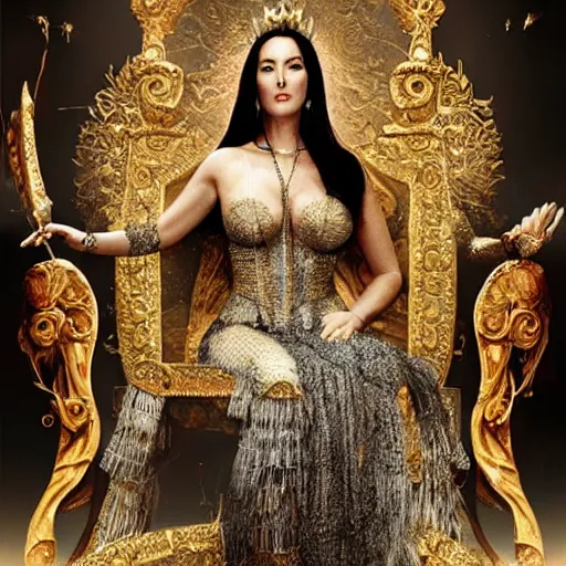 Image similar to Monica Bellucci as a Goddess sitting on a throne, up close, Highly detailed, concept art