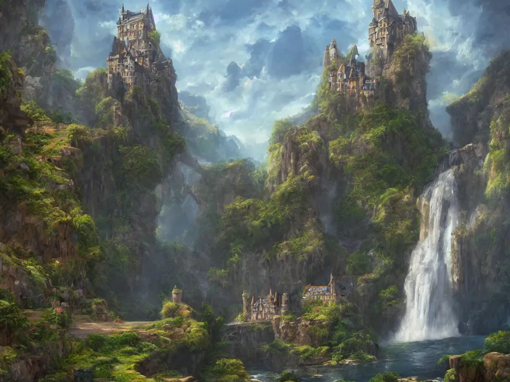 Image similar to a painting of a castle with a waterfall in front of it, a detailed matte painting by tyler edlin, featured on cgsociety, arts and crafts movement, artstation hq, unreal engine 5