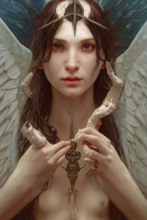 Prompt: Portrait of beautiful pale demonic angelic girl warhammer 40000, cinematic lighting, intricate, elegant, highly detailed, digital painting, artstation, smooth, sharp focus, illustration, art by artgerm and greg rutkowski and zdislav beksinski and alphonse mucha and Wayne Barlowe and william-adolphe bouguereau