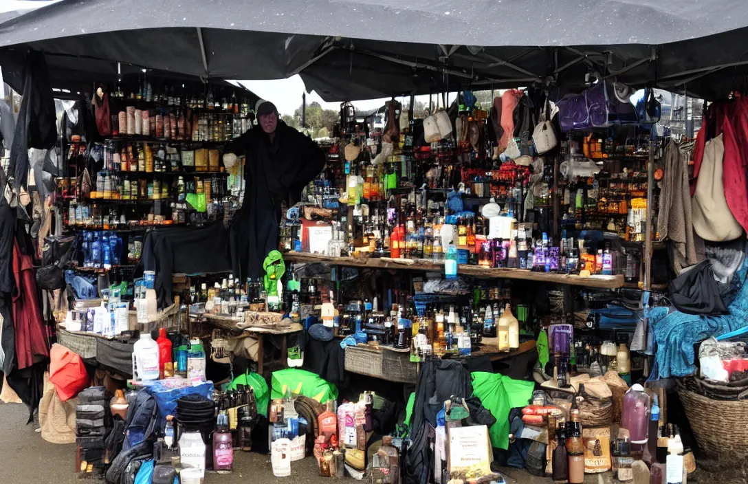 Image similar to market stall in Mordor with dark sky. An orc is selling dark toiletries and body parts
