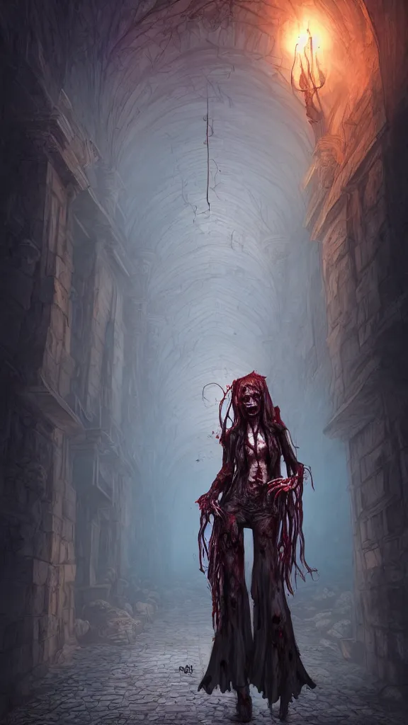 Prompt: zombie wizard girl character standing in crypts casting a spell, 3 point perspective, photorealistic, volumetric lighting, intricate detail, digital art, Created by Artgerm