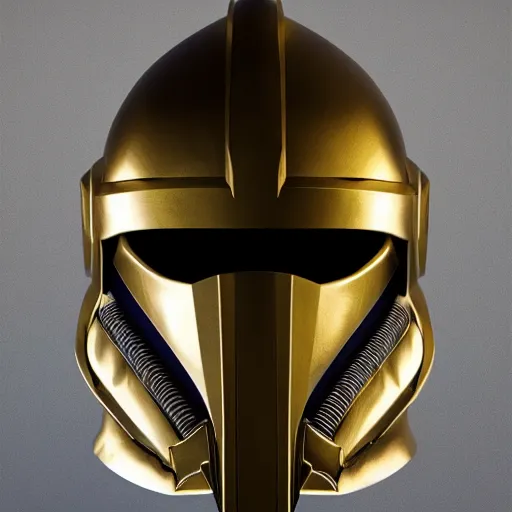 Image similar to realistic crusader helm design inspired by star wars, epic scale, character concept art, face symmetry, intricate accurate details, artstation trending, octane render, cinematic color grading, soft light, rule of thirds, golden ratio, like a professional model, cinematic, 8 k, clear.