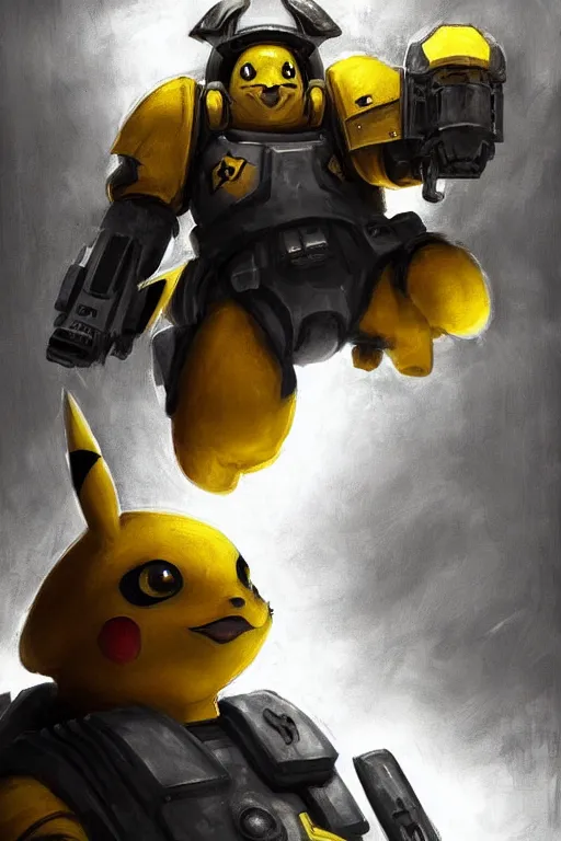 Image similar to portrait of pikachu as an imperial fists space marine, 4 0 k, concept art by john singer sargent, greg rutkowski, adrian smith, trending on artstation