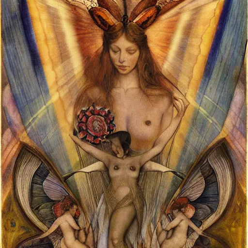 Image similar to moths attending their queen, by Annie Swynnerton and Diego Rivera and Evelyn De Morgan, symbolist, dramatic lighting, elaborate geometric ornament, Art Brut, god rays, soft cool colors,smooth, sharp focus, extremely detailed, Adolf Wölfli