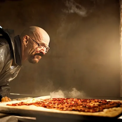 Image similar to Walter White making pizza in the desert, dramatic lighting, blowtorch, still from breaking bad (2010)