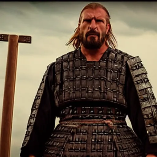 Prompt: an film still of triple h as samurai, cinematic, dramatic action