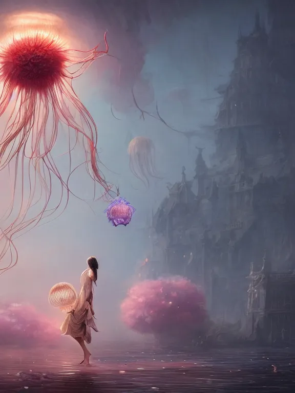 Image similar to a fancy portrait of a giant floating flower and jellyfish by Greg Rutkowski, Sung Choi, Mitchell Mohrhauser, Maciej Kuciara, Johnson Ting, Maxim Verehin, Peter Konig, Bloodborne, beeple, 8k photorealistic, cinematic lighting, HD, high details, atmospheric , trending on artstation. made in Maya, Blender and Photoshop, octane render, excellent composition, cinematic dystopian brutalist atmosphere, dynamic dramatic cinematic lighting, aesthetic, very inspirational, arthouse. y Greg Rutkowski, Ilya Kuvshinov, WLOP, Stanley Artgerm Lau, Ruan Jia and Fenghua Zhong