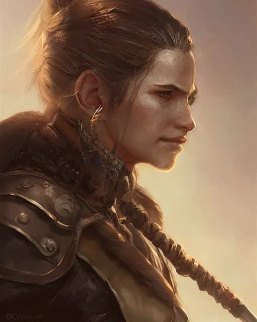 Image similar to the elder scrolls vi, charismatic rugged female nord warrior portrait, illustration, rim light, top light, perfectly shaded, golden ratio, epic, intricate, soft painting, art by ross tran, krenz cushart and wenjun lin