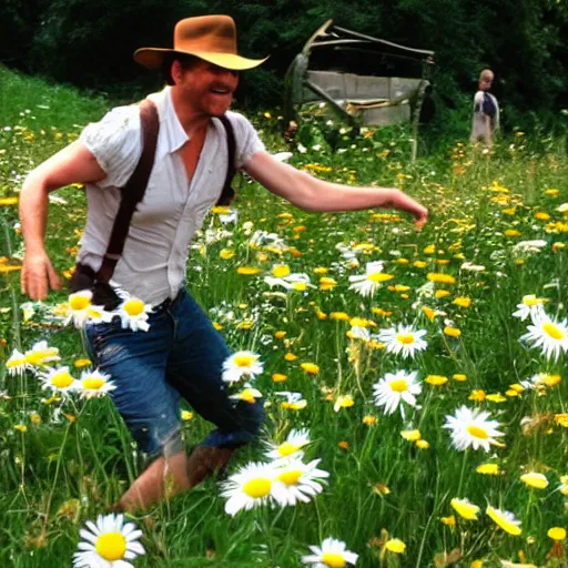 Prompt: indiana jones, frolicking through daisies