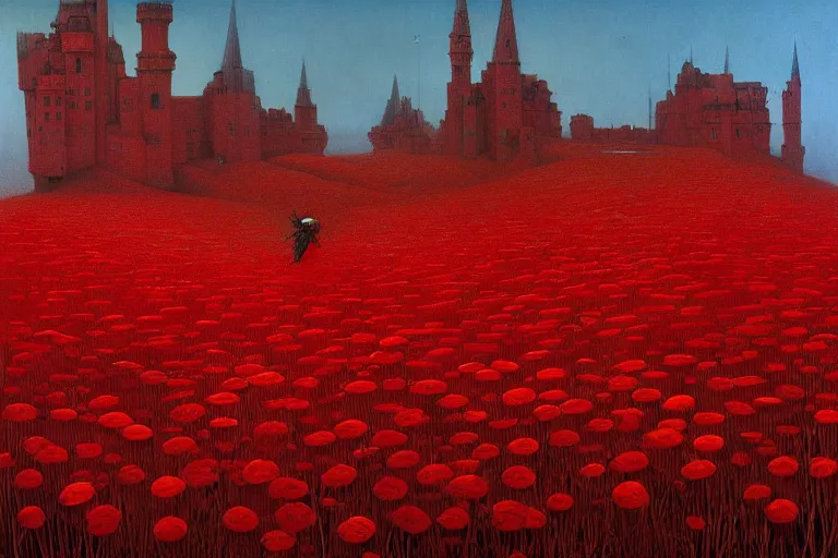 Image similar to only with red, red flowers of different types, a castle in the background, red orcs and trolls dance over the flowers, in the style of beksinski, part by hopper, part by rodcenko, part by hofbauer, intricate composition, red by caravaggio, insanely quality, highly detailed, masterpiece, red light, artstation