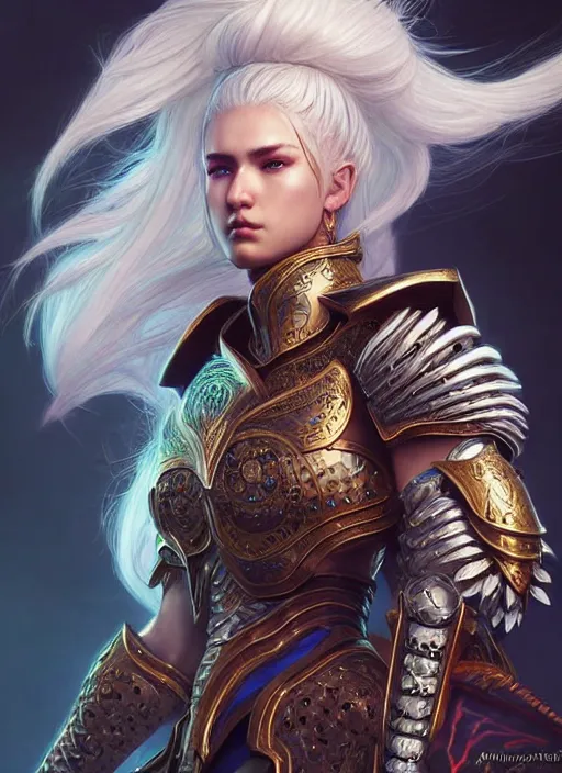 Image similar to warrior, intricate ornate opal heavy armor!!! beautiful and athletic white hair female!! gorgeous face and eyes!! character concept art, sharp focus, octane render! unreal engine 5! highly rendered!! trending on artstation!! detailed linework!! illustration by artgerm, wlop, and chie yoshii