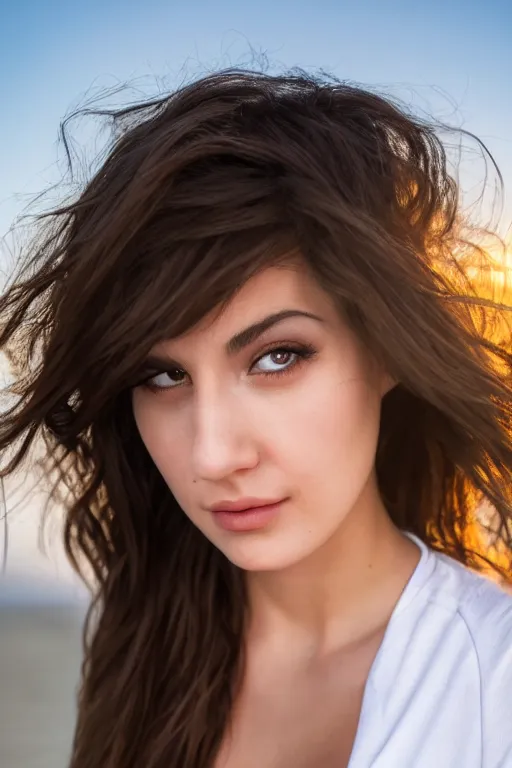 Prompt: 2 4 year old professional brunette female wearing white v - neck top, portrait, neck zoomed in, photo realistic, slr, golden hour, 4 k, high definition, selfie