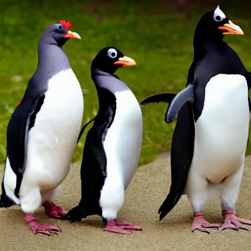 Image similar to a chicken, a penguin, a pigeon and a chicklet side by side