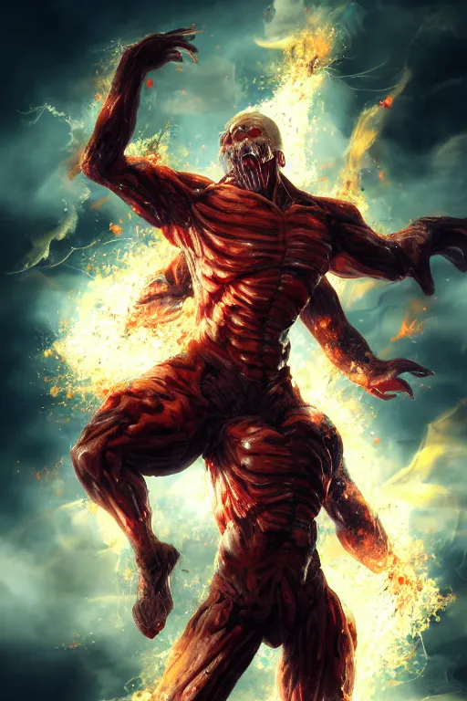 Prompt: founding titan from attack on titan ( shingeki no kyojin ) of xi jinping exploding into blood and smoke with a orange thunder in the background, glow, magical, swift, 3 d render, hyper realistic detailed portrait, ruan jia, wlop. scifi, fantasy, hyper detailed, anatomy, bloody, muscular, veiny, octane render, concept art