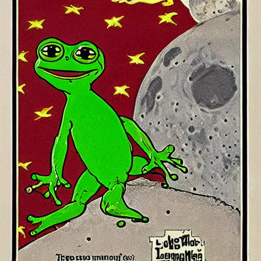 Image similar to pepe the frog landing on the moon by norman rockwell