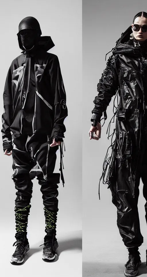 Image similar to cyberpunk techwear streetwear look and clothes, we can see them from feet to head, highly detailed and intricate, beautiful bright colors, hypermaximalist, futuristic, cyberpunk setting, luxury, elite, cinematic, techwear fashion, Errolson Hugh, Sacai, Nike ACG, Yohji Yamamoto, Y3, ACRNYM, outfit photo