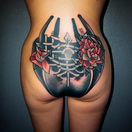 Prompt: sp - 4 0 4 audio mixer in the style of tattoo along female lower back