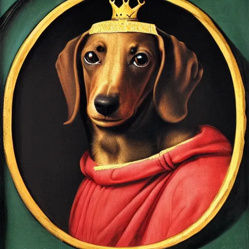 Image similar to a renaissance style portrait painting of a dachshund, wearing a crown and cape, dark background