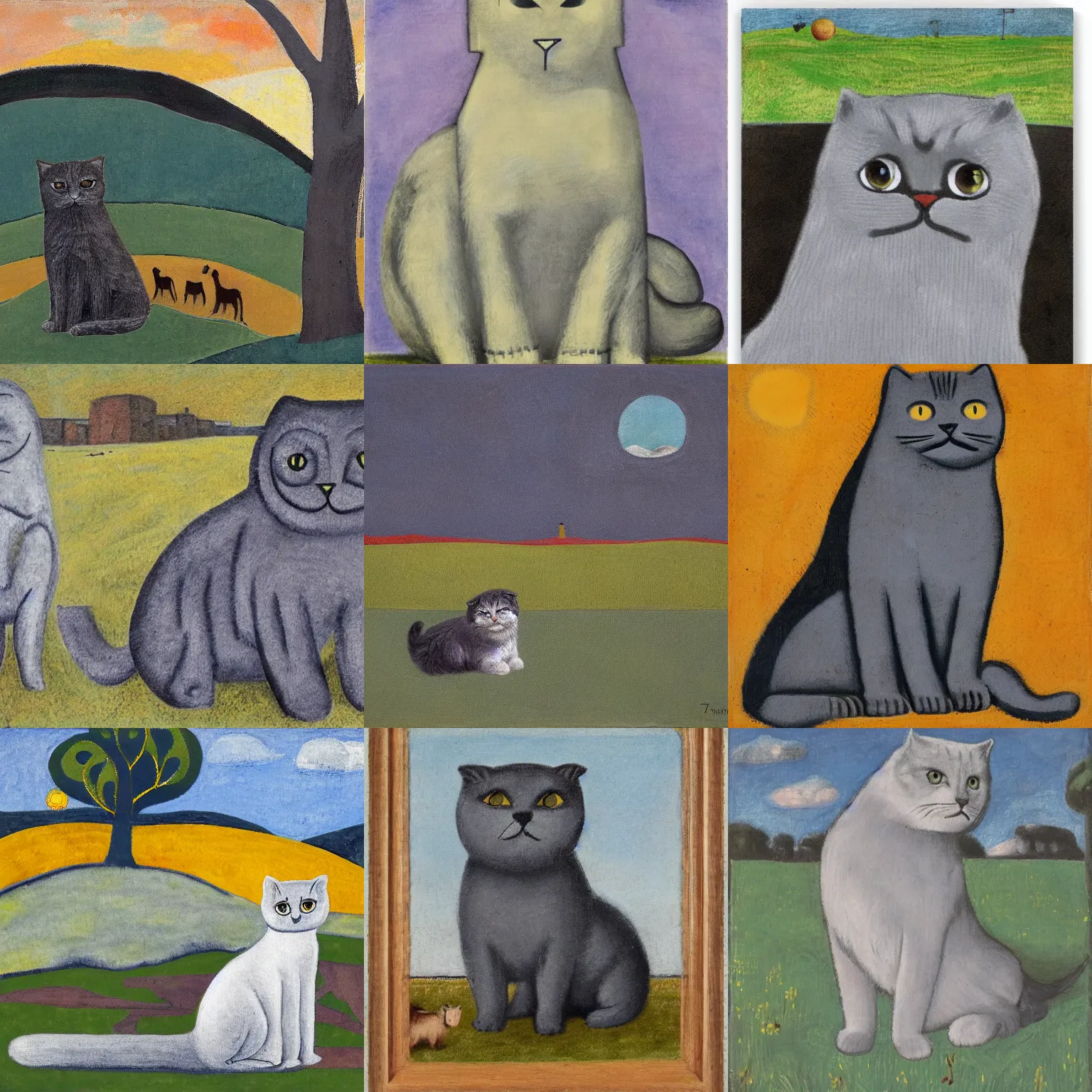 Prompt: a gray scottish fold sitting in the middle of sunny meadow, by rufino tamayo