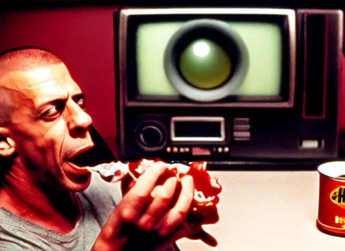 Image similar to a scene from a 1 9 8 2 s halloween iii, vin diesl is eating from a can of beans, vhs distortion, cathode ray tube distortion, folk horror, hauntology, 8 k, 8 5 mm f 1. 8, studio lighting, rim light, right side key light