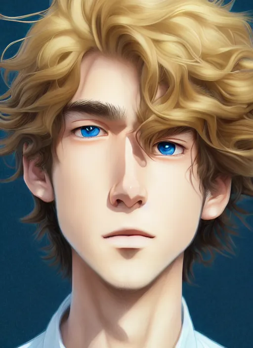 Image similar to young man with medium - length, curly, golden hair, perfectly proportioned face, aquamarine eyes, cry, natural lighting, path traced, highly detailed, high quality, cartoon, digital painting, by new haicheng and studio ghibli