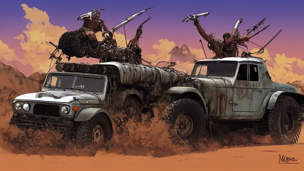 Image similar to digital illustration of mad max's fj 4 0 pursuit special riding fury road eternal shiny and chrome, world of fire and blood, the last v 8 interceptor driving down to the gates of valhalla highway, anime style, year 2 0 9 3, by makoto shinkai, ilya kuvshinov, lois van baarle, rossdraws, basquiat