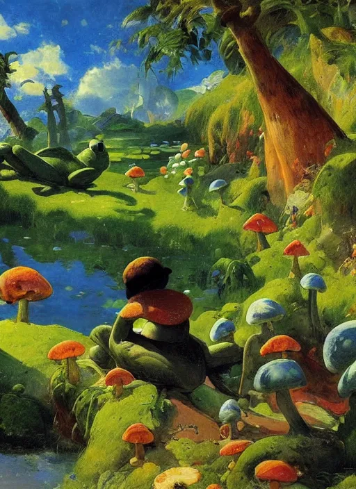 Prompt: photo of a giant frog, guardian of the holy lake, bizarre, moss, grassy, beautiful environment, glowing mushrooms, clear blue sky, digital painting, highly detailed, masterpiece, art by andreas achenbach, august macke, alice bailly