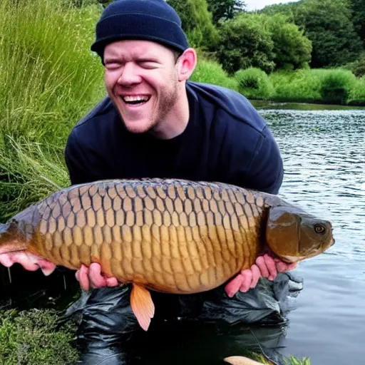 Prompt: a proud Russell Tovey catching a massive carp