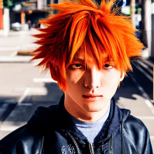 Image similar to orange - haired anime boy, 1 7 - year - old anime boy with wild spiky hair, wearing blue jacket, shibuya street, bright sunshine, strong lighting, strong shadows, vivid hues, sharp details, subsurface scattering, intricate details, hd anime, high - budget anime movie, 2 0 1 9 anime