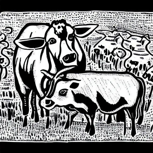 Image similar to belzebub, cow, pig, sheep, chicken, white on black vector ink drawing