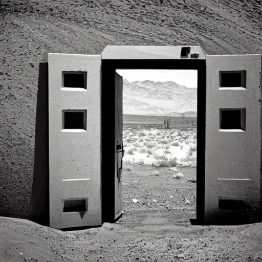 Image similar to a long, ground level shot of a standard door made of metal, the door has a shell made of concrete, facing the camera, set somewhere in nevada desert, barren mountains far away, centered composition, high noon, brightly-lit, yellow cinematic lighting