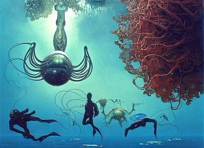 Image similar to afro - futurist scuba divers swimming away from a gigantic alien fish, hyperrealistic digital painting by denis villeneuve, amano, yves tanguy, alphonse mucha, ernst haeckel, max ernst, roger dean