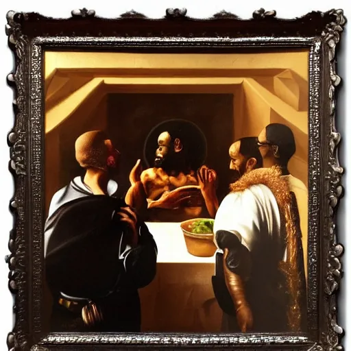 Image similar to black jesus eating fried chicken during the great war, oil painting, sacred art, illustration, caravaggio