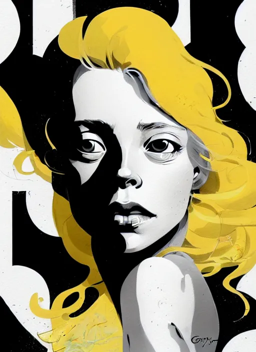 Image similar to highly detailed closeup portrait of beautiful portia doubleday, blonde wavy hair, angela moss, white suit by atey ghailan, by greg rutkowski, by greg tocchini, by james gilleard, by joe fenton, by kaethe butcher, gradient yellow, black and white color scheme, grunge aesthetic!!! ( ( graffiti tag wall background ) )