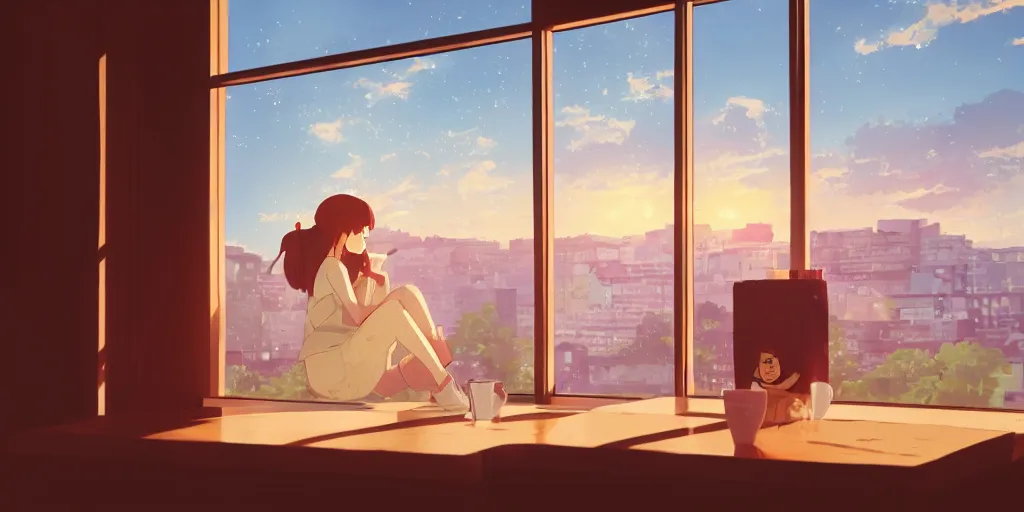 Image similar to Girl reading in a window seat in a coffee shop at sunset cinematic lighting, style by Makoto Shinkai