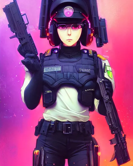 Image similar to anime key visual of a female officer, swat vest, neon, cyberpunk, futuristic, stunning, highly detailed, digital painting, smooth, soft focus, illustration, movie poster, japanese typography, digital art from artstation by artgerm and greg rutkowski and alphonse mucha