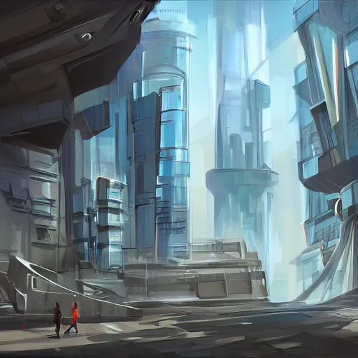 Prompt: old building in a futuristic city, sunny day, concept art, digital painting,