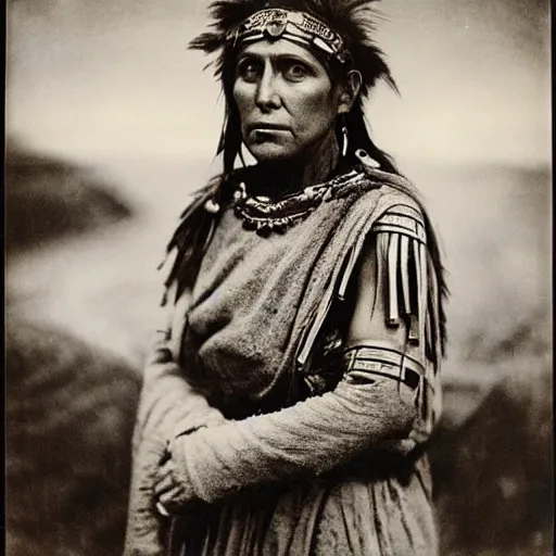 Prompt: vintage photo of a beautiful pictish princess by edward s curtis, photo journalism, photography, cinematic, national geographic photoshoot