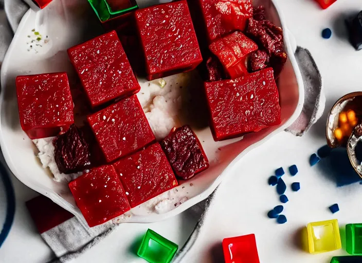Image similar to dslr food photo still of jello mold with cubes of beef in it, 8 k, 8 5 mm, f 1. 8