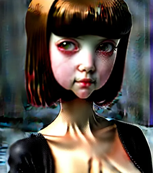 Prompt: girl with morbid thoughts wearing a black spring dress with short brown hair, queen of sharp needles and under the effect of psychosis, by Range Murata, Katsuhiro Otomo, Yoshitaka Amano, and Artgerm. 3D shadowing effect, 8K resolution.