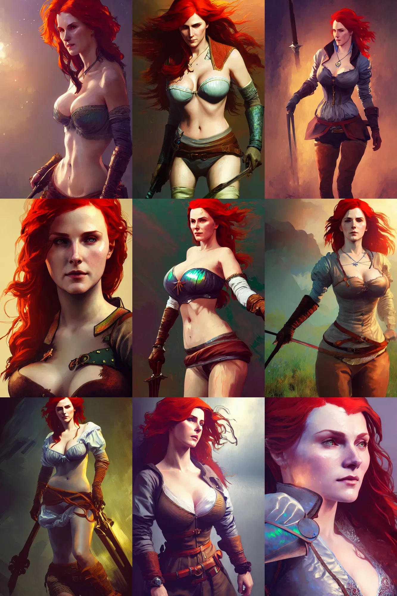 Prompt: detailed illustration of triss from the witcher 3, action poses, weapons, fullbody, refractive and reflective and iridescent, by ruan jia, by conrad roset, by yoshitaka amano, by alphonse mucha, cgsociety, artstation, portfolio quality.