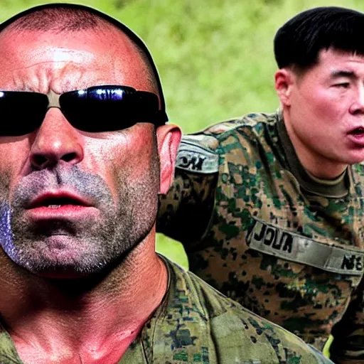 Image similar to Joe Rogan fights in the US military in a war against the chinese army