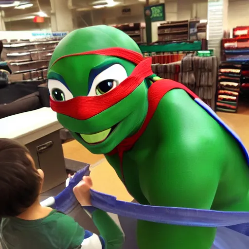 Prompt: Meeting a powerful Ninja Turtle in the backroom of Sears
