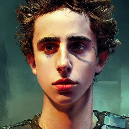 Image similar to thimothee chalamet portrait, dystopia core, apocalyptic, armor, warrior, dramatic, sharp focus, fiction, neon, fantasy, hyper detailed, digital art, trending in artstation, cinematic lighting, studio quality, smooth render, unreal engine 5 rendered, octane rendered, art style and nixeu and wlop and krenz cushart