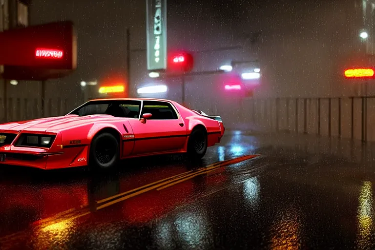 Image similar to hyperdetailed, photorealistic photograph of a 1 9 8 2 pontiac firebird trans - am drifting in the streets, rain, night, dense fog, hd, unreal engine 5 by greg rutowski, by stanley artgerm, by alphonse mucha