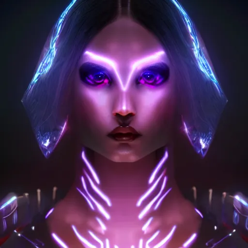 Image similar to futuristic mystic avatar, black alirn eyes, ultra detailed face and eyes, pfp, luminous effects, cinematic, soft lighting, dark background by awarded concept art, sci - fi, 8 k resolution, artstation hd