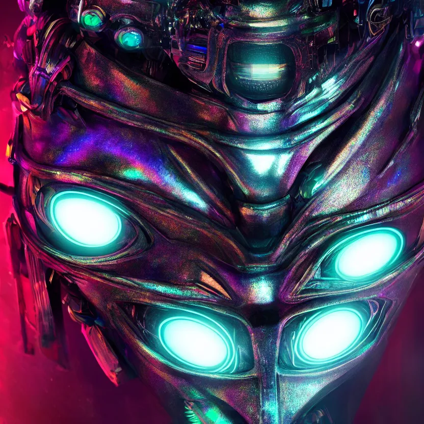Image similar to highly detailed digital art of a futuristic iridescent geisha mask with glowing eyes. black background. gritty textures beautiful lighting. trending on artstation, behance. cyberpunk translucent design.