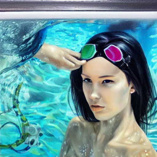 Image similar to hyperrealism oil painting, fashion model portrait underwater, swimming goggles