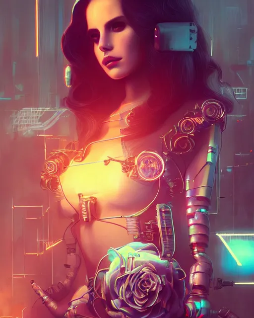 Image similar to portrait of lana del rey as a cyberpunk cyborg. roses, sci - fi, intricate abstract upper body intricate artwork, by tooth wu, wlop, beeple, dan mumford. concept art, octane render, deviantart, greg rutkowski, cinematic arthouse, key art, hyper realism, iridescent accents